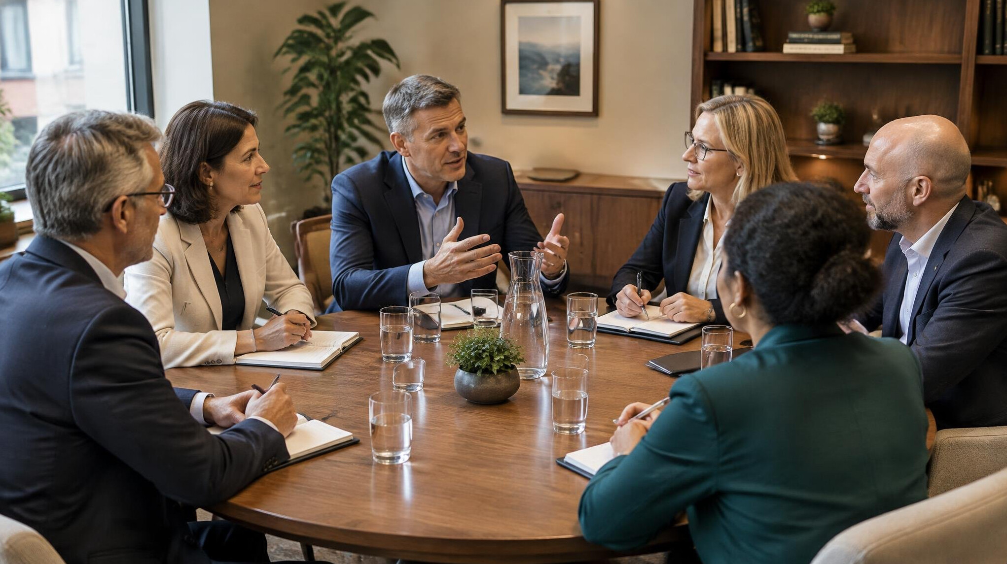Small group of executives seated in a roundtable discussion