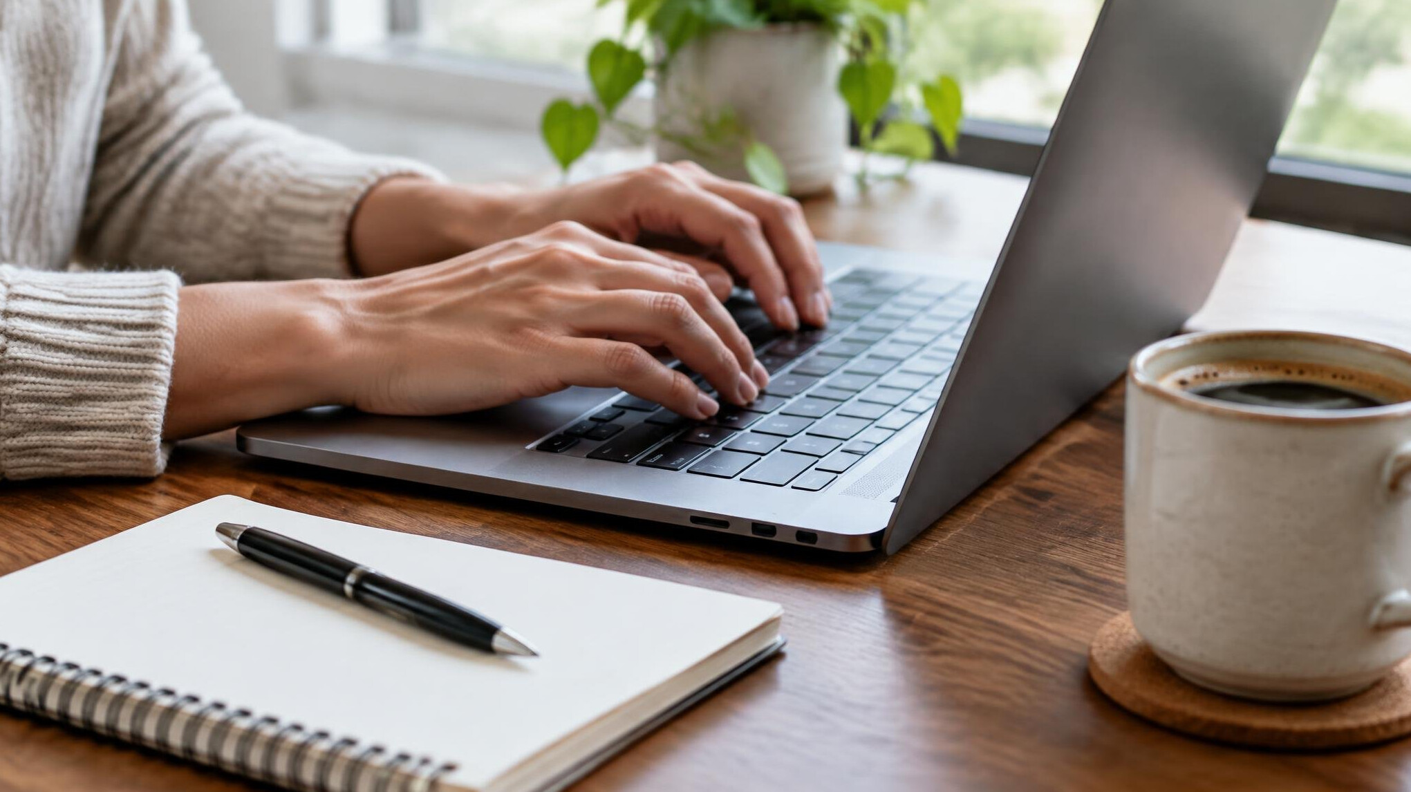 Hands typing on a laptop with notes and a notebook on a wooden desk