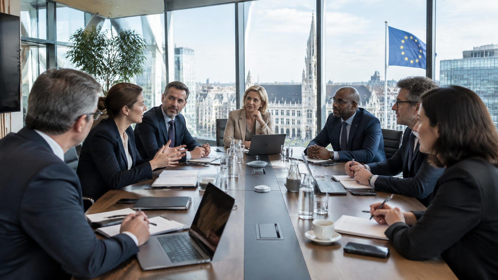 Executives in a glass boardroom discussing strategy in Brussels
