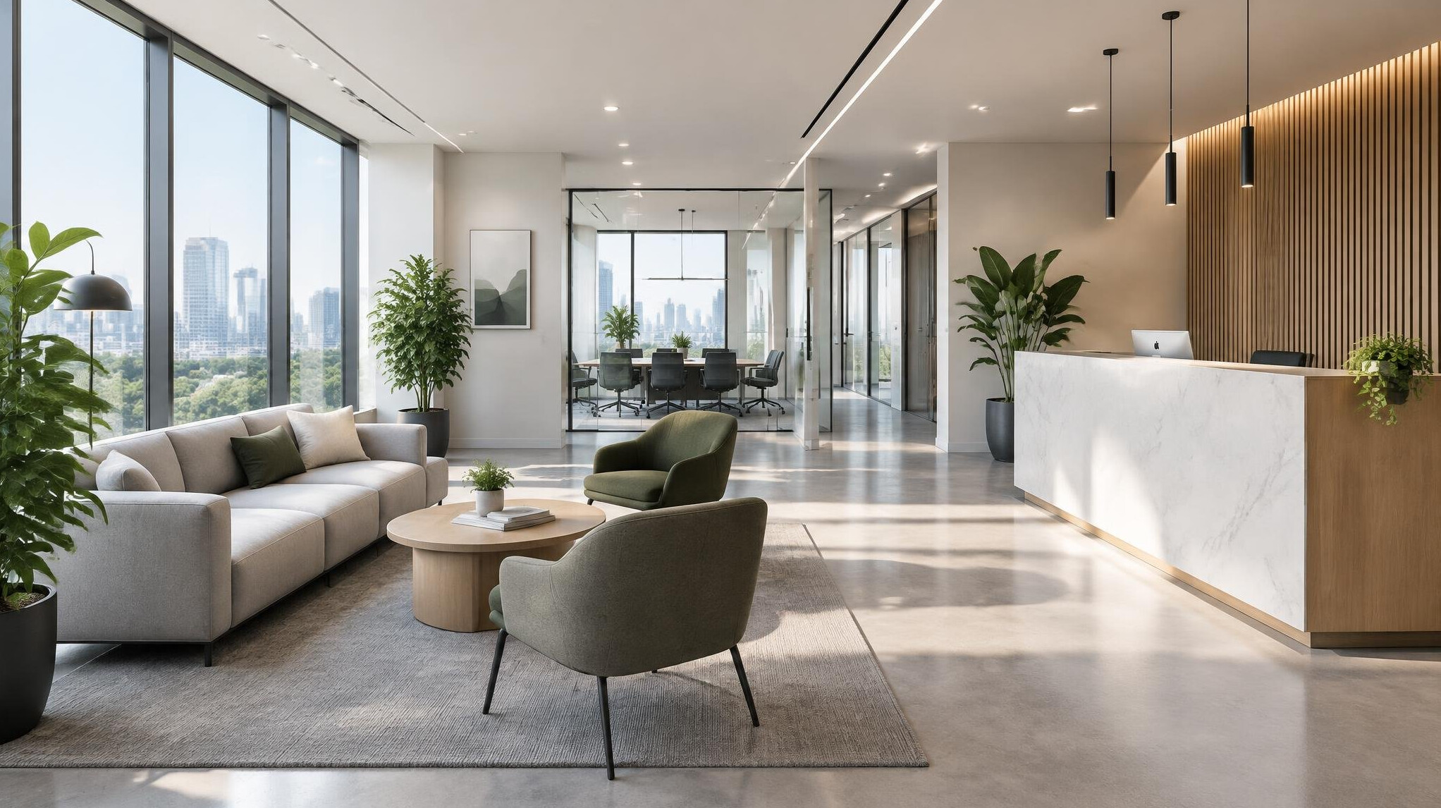 Modern office reception area with seating and natural light